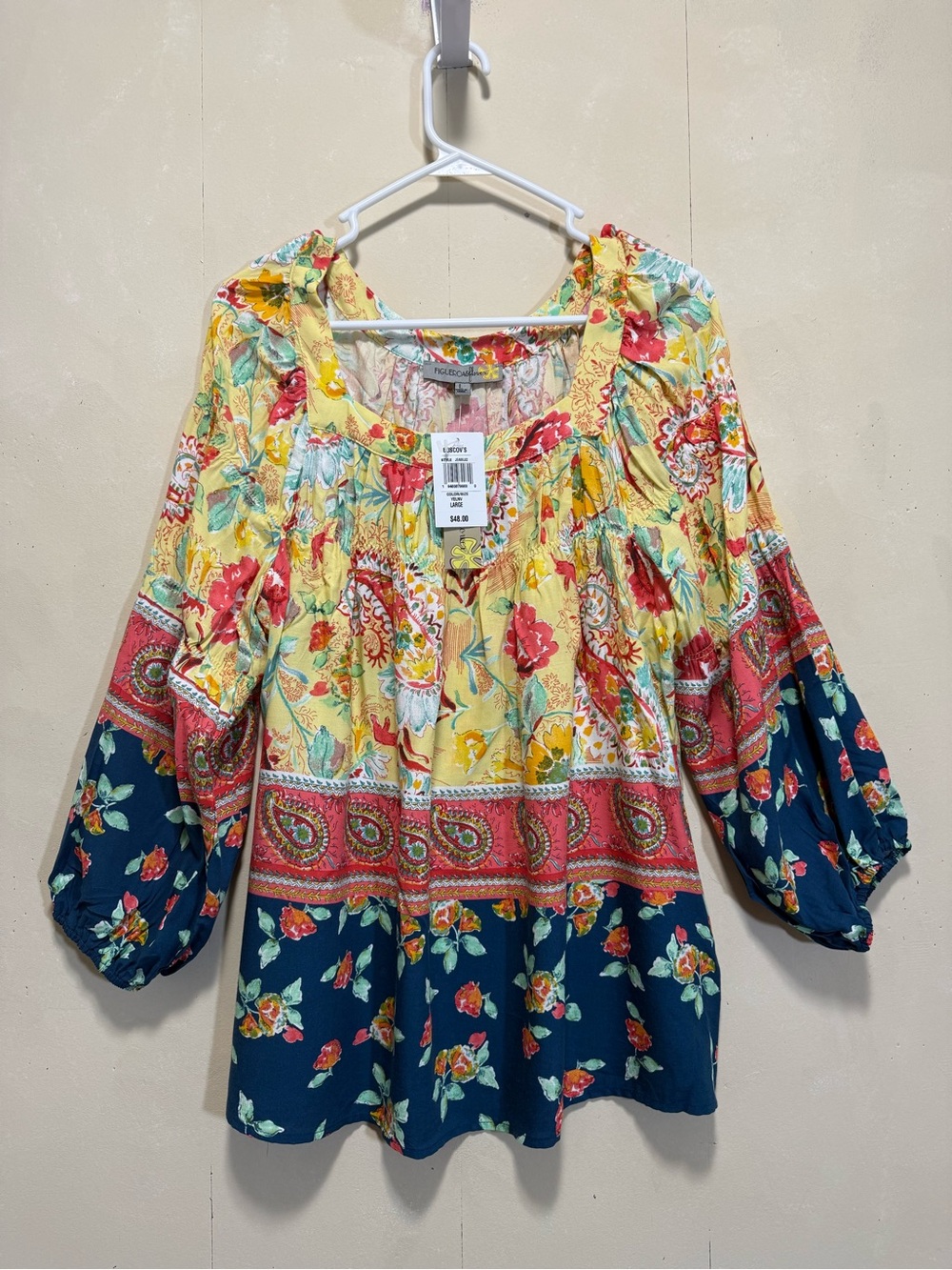 Figueroa & Flower Floral Paisley Peasant Blouse — Yellow & Navy Sz L